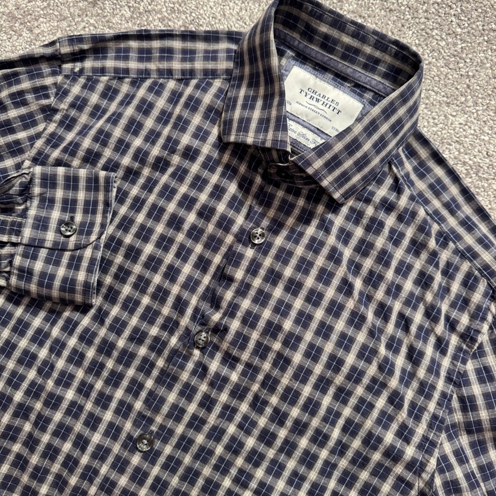 Charles Tyrwhitt Shirt Mens 14.5 32 Blue Check Cotton Extra Slim Fit Business